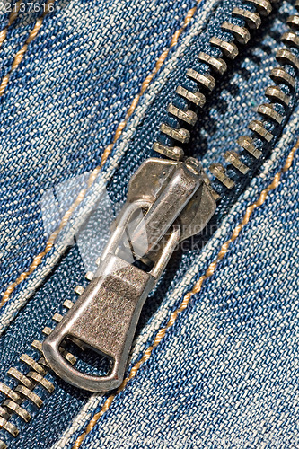 Image of zipper of a stylish blue jeans