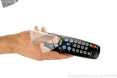 Image of Hand holding TV remote control
