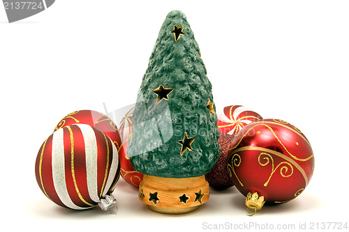 Image of ceramic christmas tree and xmas baubles