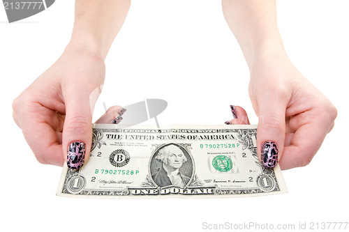 Image of female showing one dollar bill