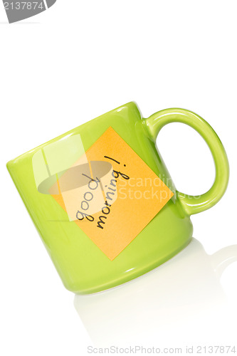 Image of green cup with note "good morning!"