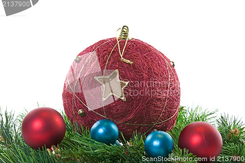 Image of  christmas baubles and pine branch