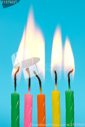 Image of birthday candles burn on blue background