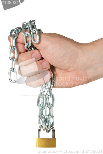 Image of Hand holding chain with padlock