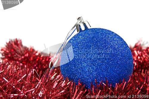 Image of blue bauble on a red garland