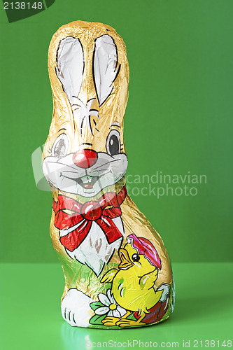 Image of chocolate easter bunny on green background