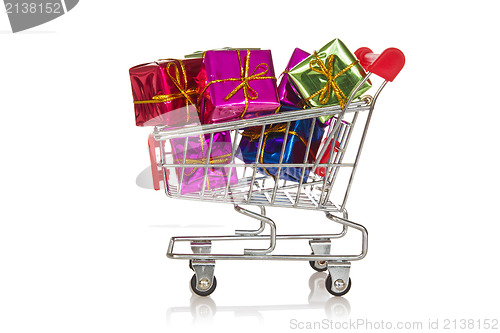 Image of Shopping  cart with colorful gift boxes