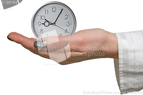 Image of silver clock in a woman hand