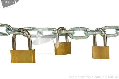 Image of three padlocks hung on metal chain