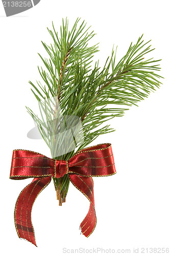 Image of green pine branch with red bow