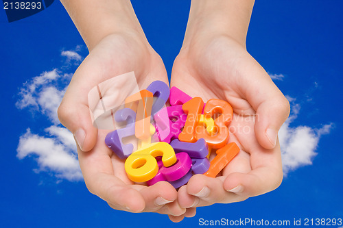 Image of hands with color numbers on sky background