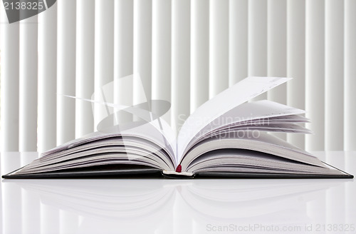 Image of opened book with reflection on white