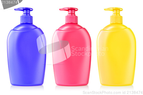Image of three color plastic bottles 