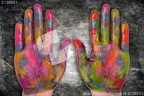 Image of painted human hands on dark background