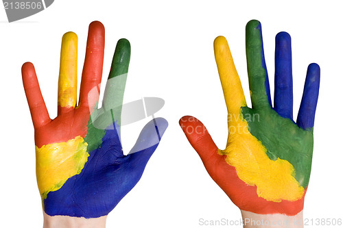 Image of Child hands painted in colorful paints