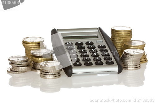 Image of calculator and stack of coins 