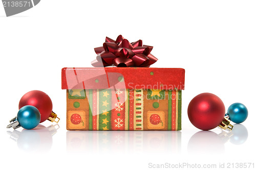 Image of  gift box and christmas baubles