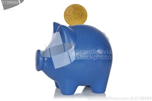 Image of Blue piggy bank with fifty eurocents