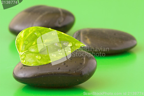 Image of  stones with leaf on green background
