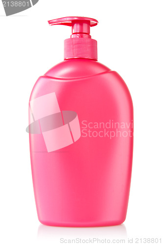 Image of Red plastic bottle with liquid soap