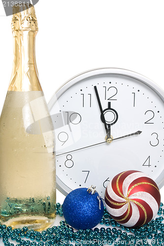 Image of champagne, baubles and clock face