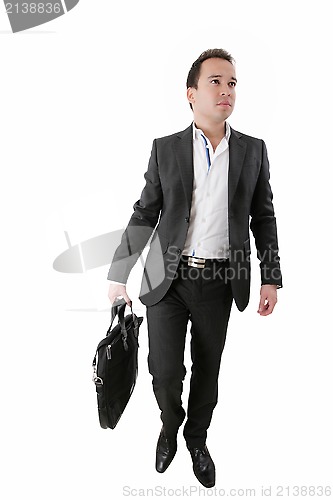 Image of Portrait of a business man carrying a suitcase on white backgrou