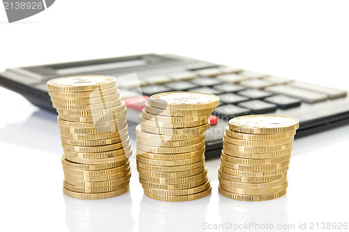 Image of calculator and three stacks of coins