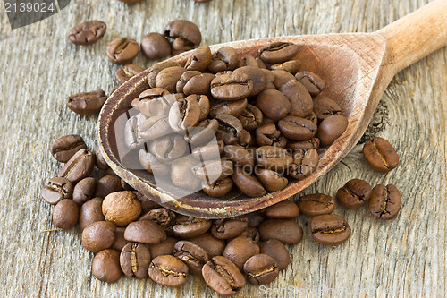 Image of coffee beans with wooden spoon