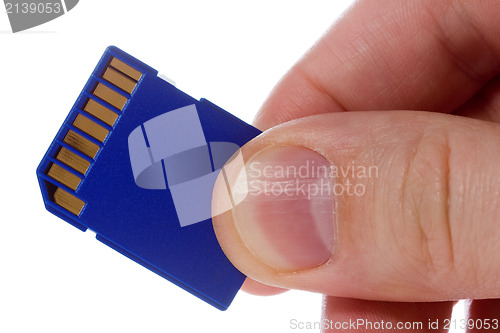 Image of hand with blue sd memory card