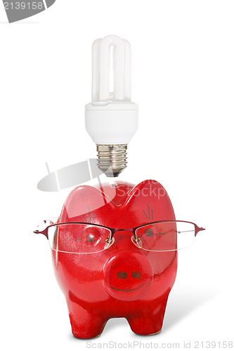 Image of Piggy-bank with glasses and  light bulb