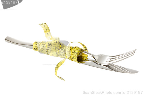 Image of Fork and knife wrapped by measure tape