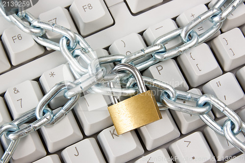 Image of keyboard secured with chain and padlock