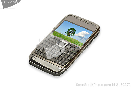 Image of phone with summer landscape screen