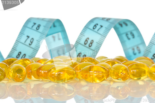 Image of Fish oil capsules  and  measuring tape 