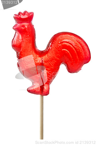 Image of red sugar cockerel on a stick