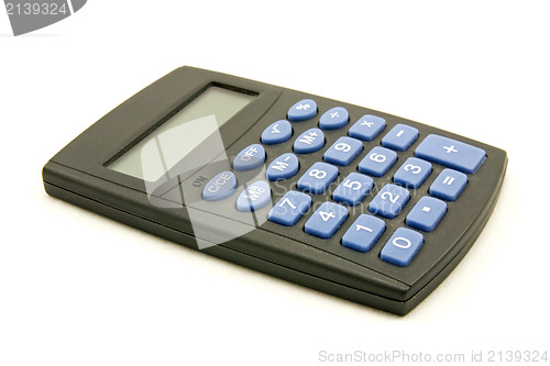 Image of black calculator with blue buttons