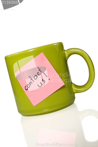 Image of green cup with note "contact us!"