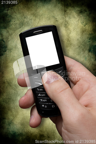 Image of hand with black mobile phone