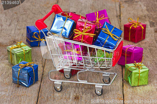 Image of Cart with colorful gift boxes