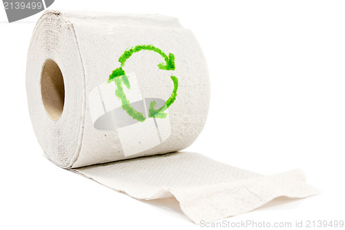 Image of toilet paper with a  recycle symbol