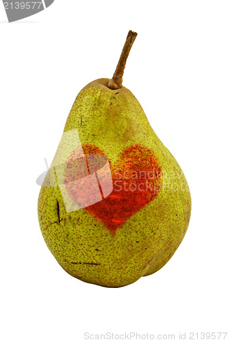 Image of green pear with a red heart shape