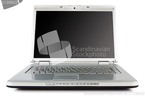 Image of silver laptop  with black screen 