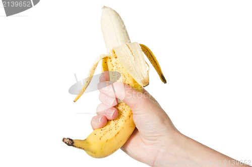 Image of hand  holding peeled banana