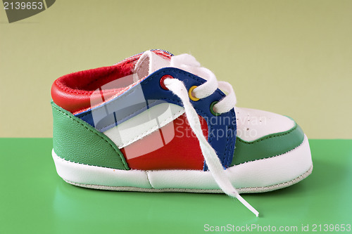 Image of baby shoeon green background