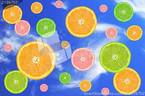 Image of citrus fruits slices  falling in a sky
