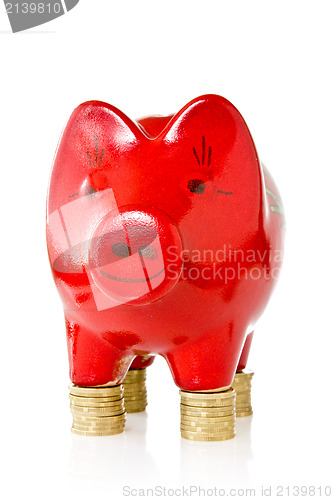 Image of piggy bank standing on coins 