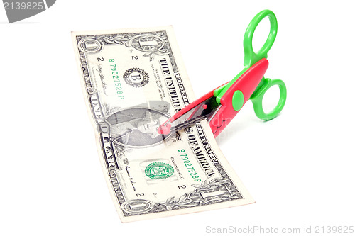 Image of Scissors cuts one american dollar