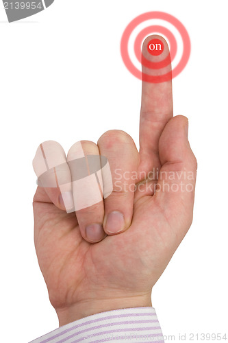 Image of man finger pressing "ON" button