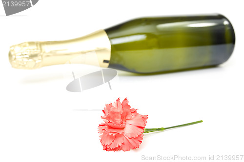 Image of  carnation flower and bottle of champagne