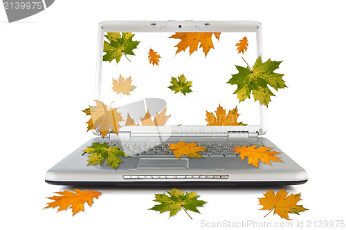 Image of Autumnal leaves falling out of computer